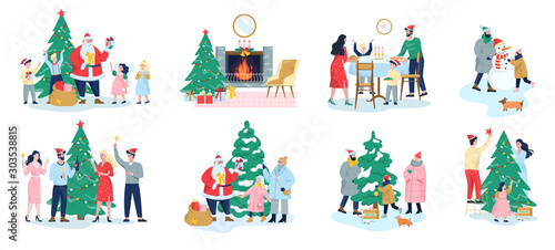 Family celebrating Christmas set. Family decorating christmas