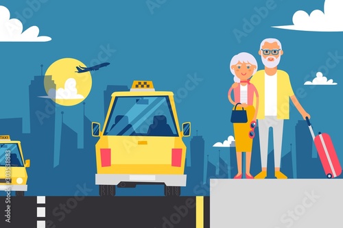 Elderly couple waiting for taxi, vector illustration. Grandparents on vacation, cartoon characters. Taxi service from airport to city, meet arriving travelers