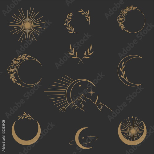 Fototapeta Beautiful romantic crescent moon with rose or peony flowers and leaves