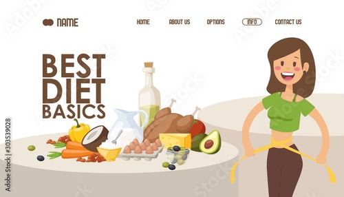 Diet for weight loss, website design vector illustration. Landing page with recipe of healthy food, nutritionist tips and article. Happy woman measures her waist after loosing weight