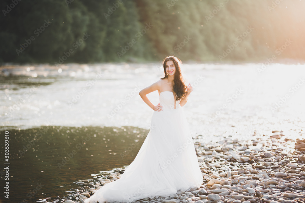 Beauty portrait of bride wearing fashion wedding dress with feathers with luxury delight make-up and hairstyle Beauty portrait of bride wearing fashion wedding dress with feathers with luxury delight make-up and hairstyle