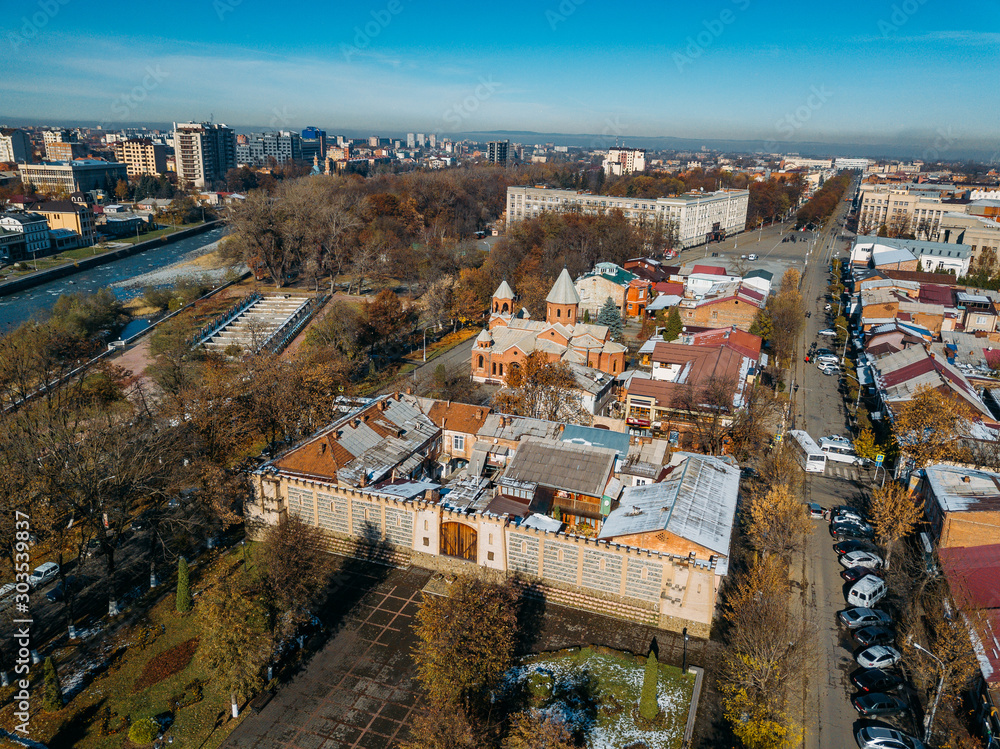 Vladikavkaz, capital of North Ossetia. Historical downtown from drone flight