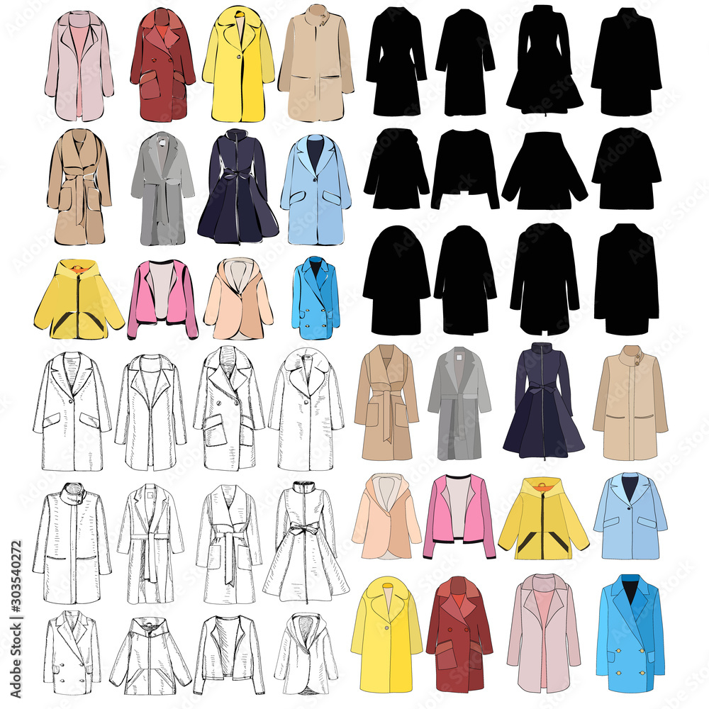 vector, on a white background, women coat, set vector, on a white background, women coat, set