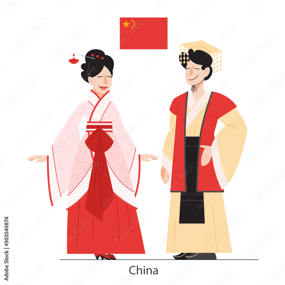 Vector illustration of China citizen in national costume with a flag.