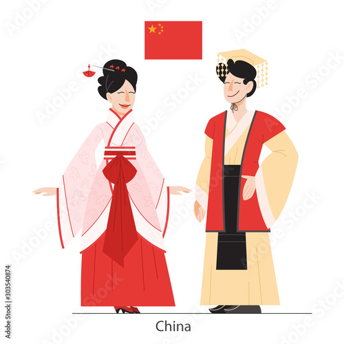 Vector illustration of China citizen in national costume with a flag.