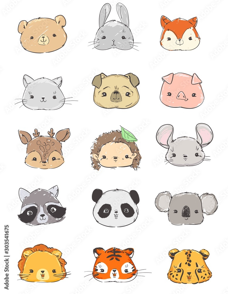 Cute big set of animal portraits. Cartoon characters on a white background. Vector. Bear, rabbit, fox, cat, pug, dog, pig, deer, hedgehog, mouse, raccoon, koala, panda, lion, cheetah, tiger.