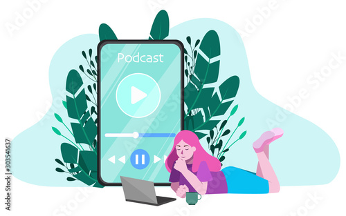 Vector illustration of person listening to podcast. Concept of modern media