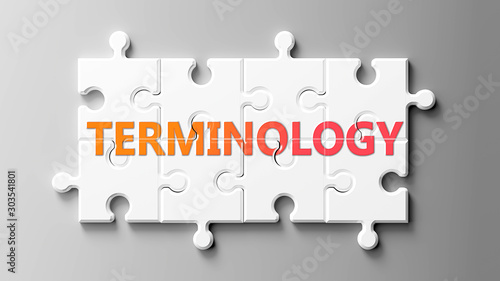 Terminology complex like a puzzle - pictured as word Terminology on a puzzle pieces to show that Terminology can be difficult and needs cooperating pieces that fit together, 3d illustration photo