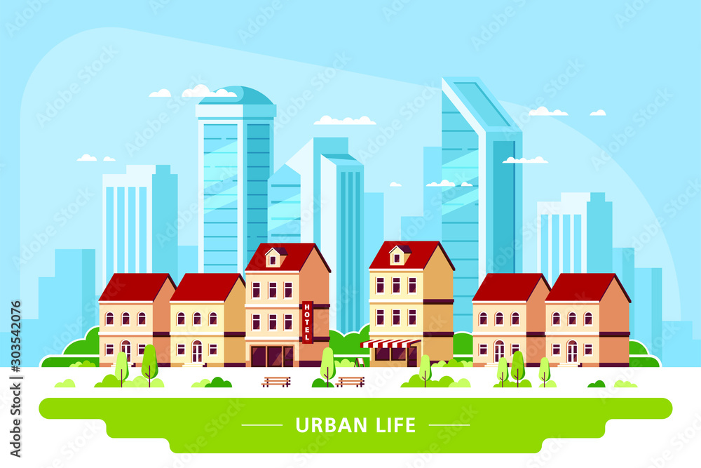 Urban landscape illustration, flat style banner design