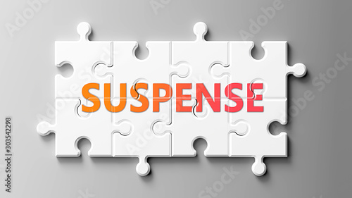 Suspense complex like a puzzle - pictured as word Suspense on a puzzle pieces to show that Suspense can be difficult and needs cooperating pieces that fit together, 3d illustration photo