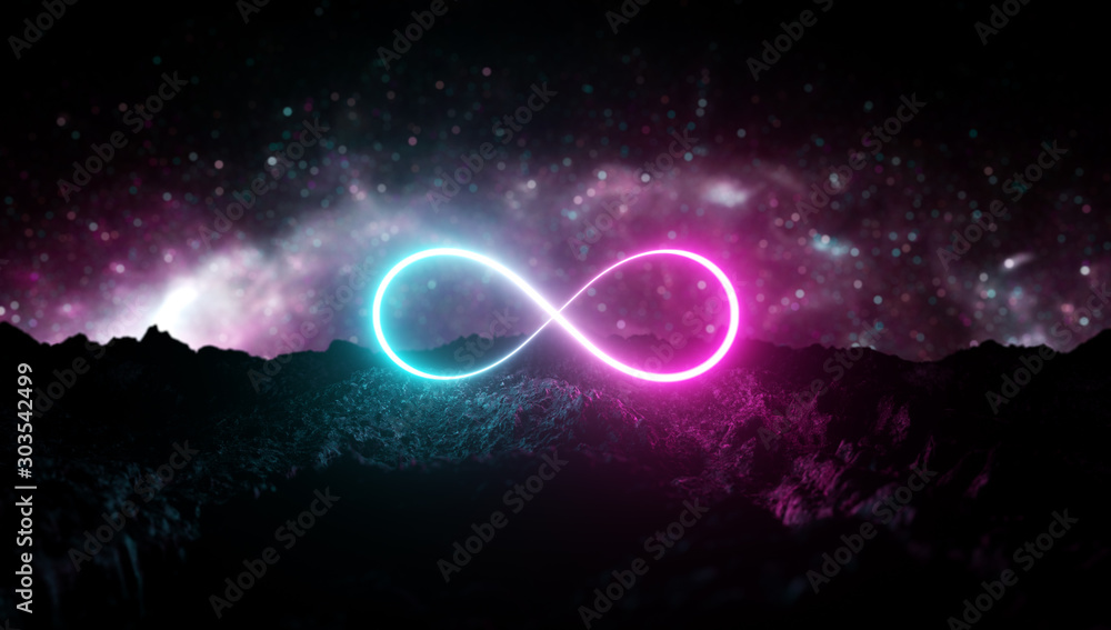 Αυτοκόλλητο Futuristic retro Infinite sign neon light glowing on rocky ground, 3d render, bokeh background, Pink blue color