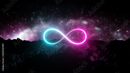 Futuristic retro Infinite sign neon light glowing on rocky ground, 3d render, bokeh background, Pink blue color.