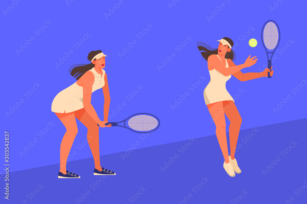 Vector illustration of young female athlete playing tennis