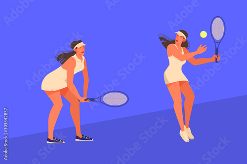 Vector illustration of young female athlete playing tennis