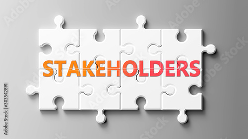 Stakeholders complex like a puzzle - pictured as word Stakeholders on a puzzle pieces to show that Stakeholders can be difficult and needs cooperating pieces that fit together, 3d illustration photo