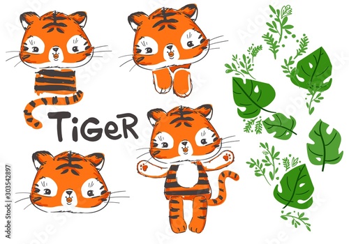 Cute Tiger set of beautiful tropical illustrations. Vector stock. Tropical leaves. Elements for design  children s drawing.