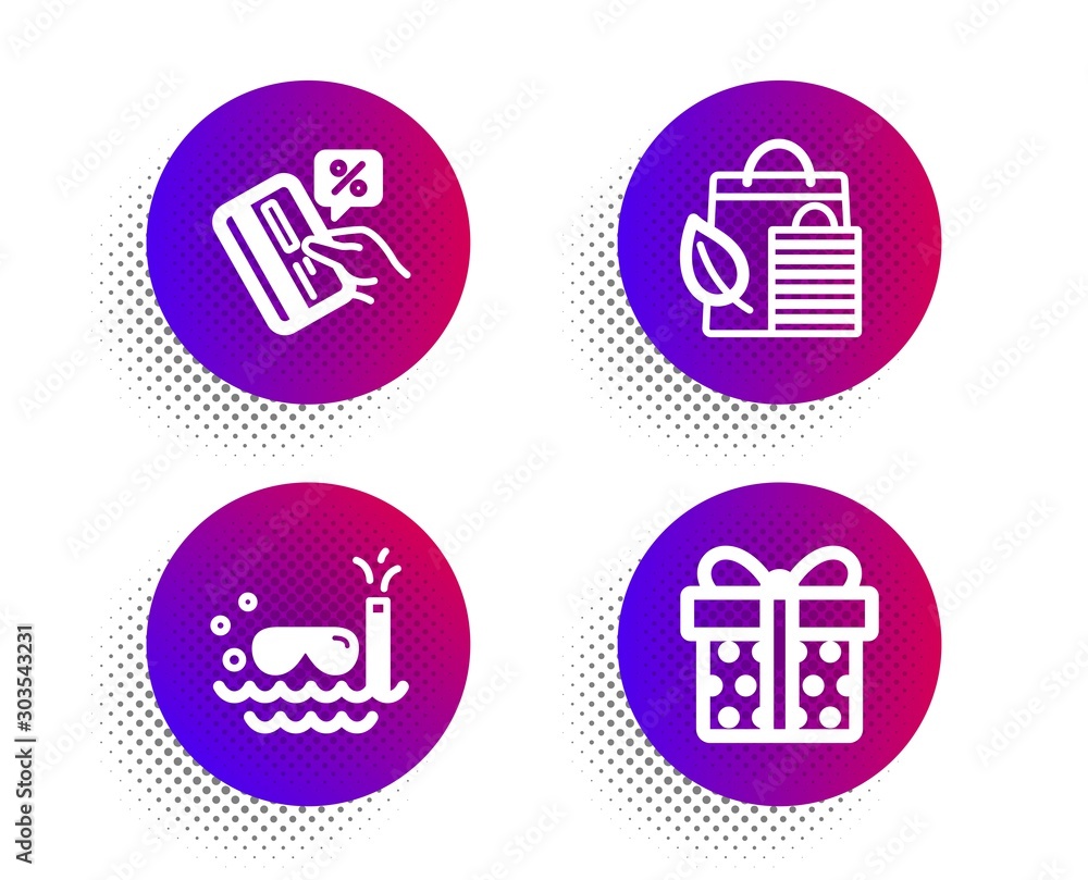 Credit card, Scuba diving and Bio shopping icons simple set. Halftone dots button. Gift box sign. Loan percent, Trip swimming, Leaf. Present package. Business set. Vector Credit card, Scuba diving and Bio shopping icons simple set. Halftone dots button. Gift box sign. Loan percent, Trip swimming, Leaf. Present package. Business set. Vector