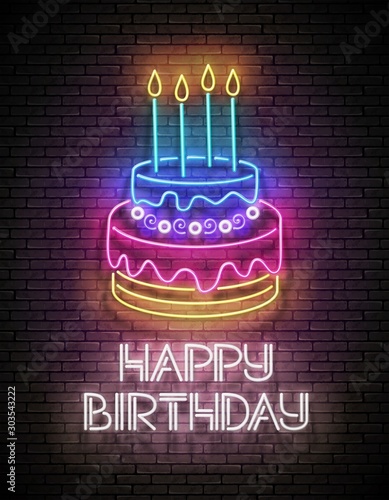 Glow Greeting Card with Cake, Candles and Happy Birthday Inscription