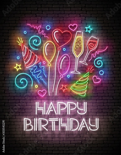 Glow Greeting Card with  Balloons, Champagne, Confetti and Happy Birthday Inscription