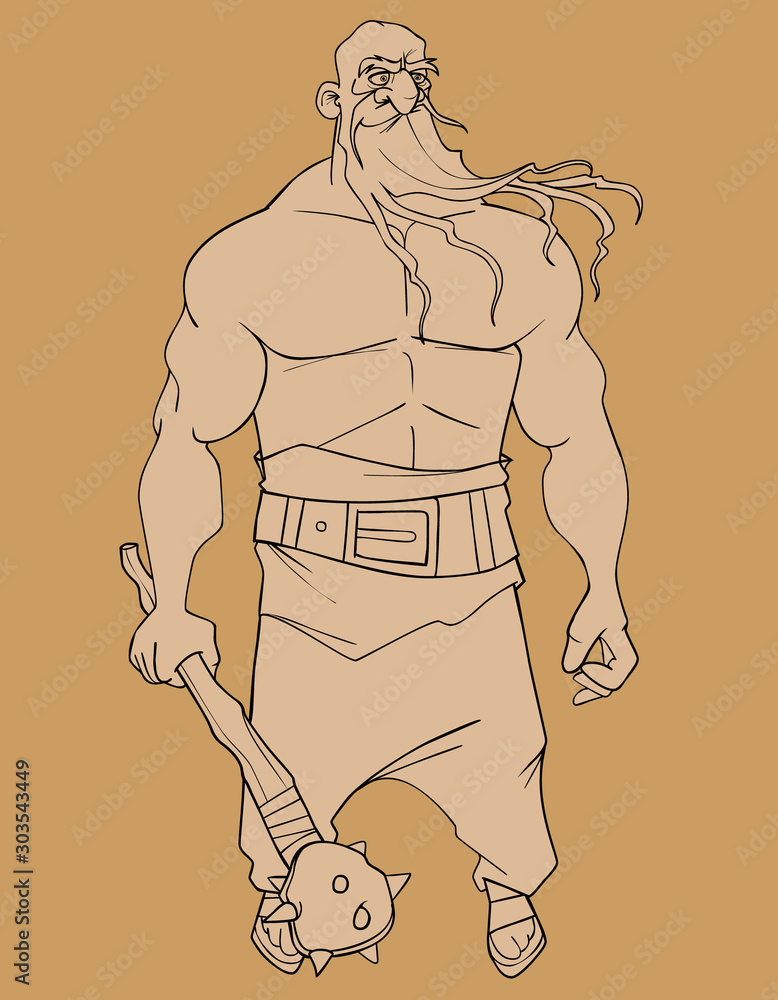 Φωτογραφία sketch of a cartoon muscular man with a long beard and a club in his hand