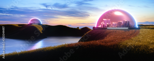encapsulated cities, on earth or on new habitable planet with life and water, on island, isolation of human pollution, global warming concept, rising water, 3d render, sunset background, panoramic. photo
