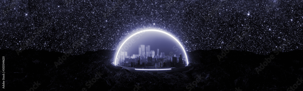 Φωτογραφία abstract encapsulated futuristic city on space, on new habitable planet, on rocky ground, artificial atmosphere, 3d render, space colonization concept with space background and glowing neon