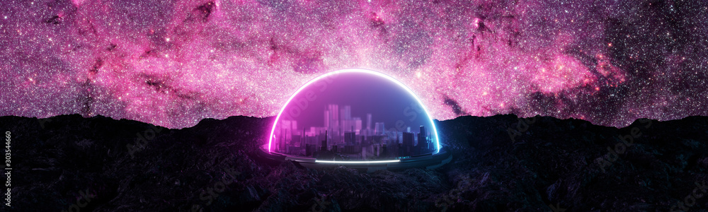 encapsulated futuristic city on space, on new habitable planet, on rocky ground, artificial atmosphere, 3d render, space colonization concept with space background and purple blue glowing neon.