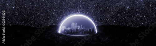 abstract encapsulated futuristic city on space, on new habitable planet, on rocky ground, artificial atmosphere, 3d render, space colonization concept with space background and glowing neon.