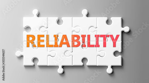 Reliability complex like a puzzle - pictured as word Reliability on a puzzle pieces to show that Reliability can be difficult and needs cooperating pieces that fit together, 3d illustration photo