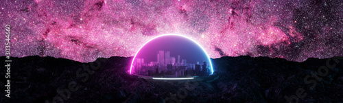 encapsulated futuristic city on space, on new habitable planet, on rocky ground, artificial atmosphere, 3d render, space colonization concept with space background and purple blue glowing neon.