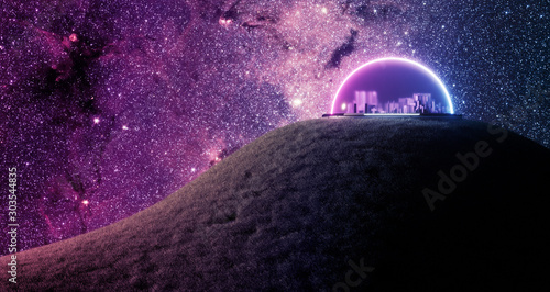 Isolated encapsulated futuristic city on landscape with vegetation on new habitable planet with life, 3d render, space colonization concept with space background and purple pink glowing neon.