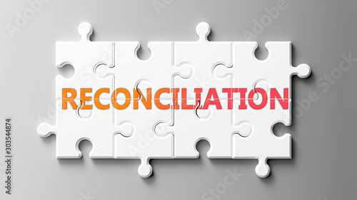 Reconciliation complex like a puzzle - pictured as word Reconciliation on a puzzle pieces to show that Reconciliation can be difficult and needs cooperating pieces that fit together, 3d illustration