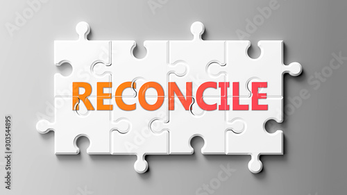 Reconcile complex like a puzzle - pictured as word Reconcile on a puzzle pieces to show that Reconcile can be difficult and needs cooperating pieces that fit together, 3d illustration photo