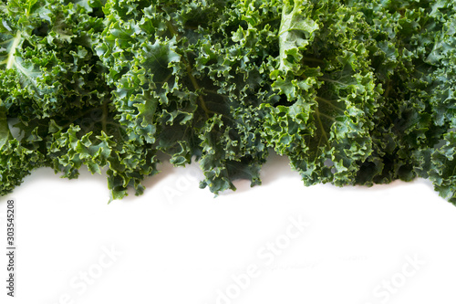 Top view. Kale leaves on a white background. Background of kale leaves. Fresh kale leaves background. Texture kale close up.