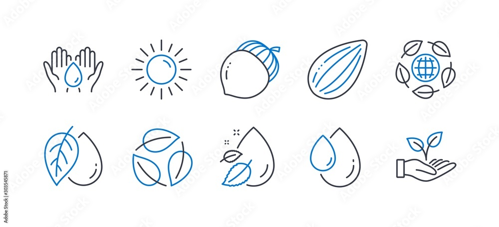 Φωτογραφία Set of Nature icons, such as Mineral oil, Sun, Almond nut, Water drop, Leaves, Oil drop, Safe water, Acorn, Eco organic, Helping hand line icons