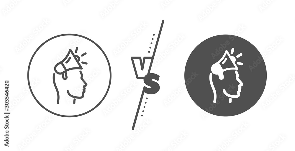Megaphone sign. Versus concept. Brand ambassador line icon. Advertisement device symbol. Line vs classic brand ambassador icon. Vector Megaphone sign. Versus concept. Brand ambassador line icon. Advertisement device symbol. Line vs classic brand ambassador icon. Vector