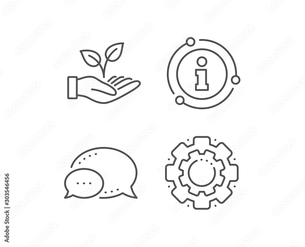 Helping hand line icon. Chat bubble, info sign elements. Charity gesture sign. Startup plant symbol. Linear helping hand outline icon. Information bubble. Vector