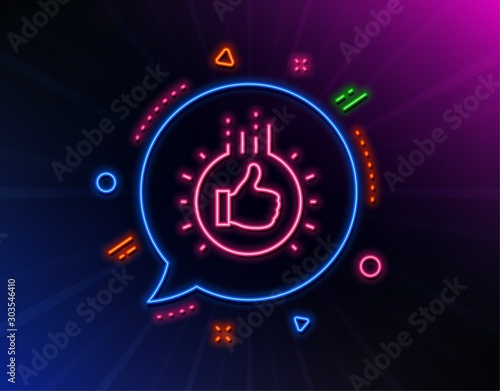 Like hand line icon. Neon laser lights. Thumbs up finger sign. Brand ambassador gesture symbol. Glow laser speech bubble. Neon lights chat bubble. Banner badge with like hand icon. Vector