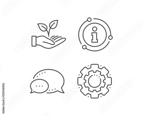 Helping hand line icon. Chat bubble, info sign elements. Charity gesture sign. Startup plant symbol. Linear helping hand outline icon. Information bubble. Vector