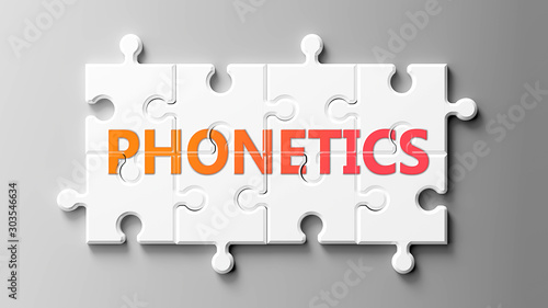Phonetics complex like a puzzle - pictured as word Phonetics on a puzzle pieces to show that Phonetics can be difficult and needs cooperating pieces that fit together, 3d illustration photo