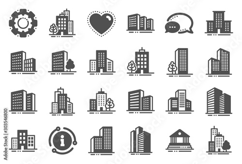 Buildings icons. Bank, Hotel, Courthouse. City, Real estate, Architecture buildings icons. Hospital, town house, museum. Urban architecture, city skyscraper, downtown. Quality set. Vector