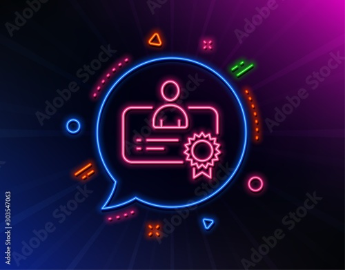 Certificate line icon. Neon laser lights. Business management sign. Best manager symbol. Glow laser speech bubble. Neon lights chat bubble. Banner badge with certificate icon. Vector