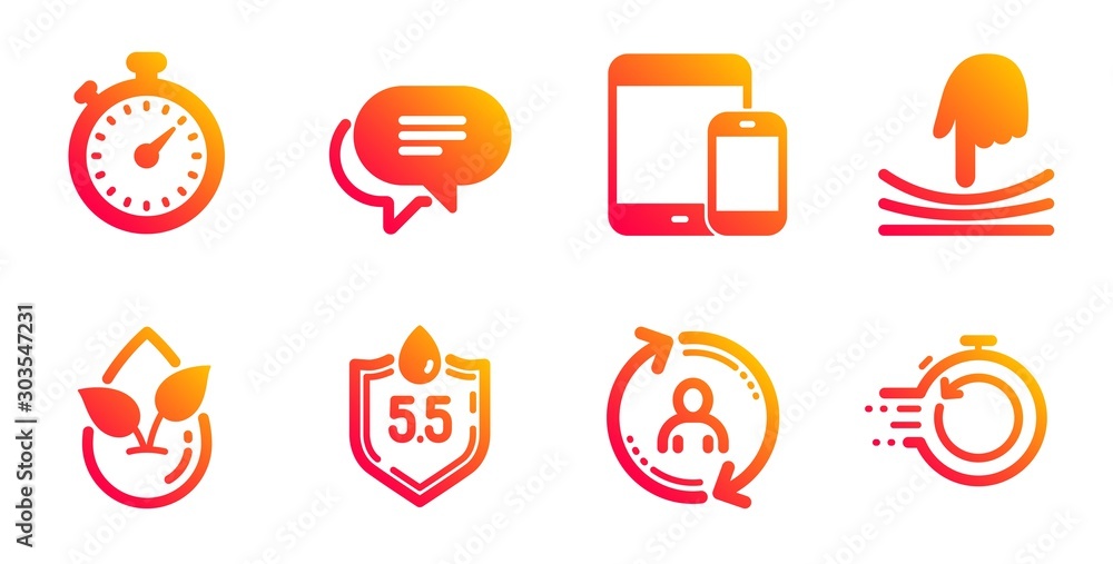 Organic product, User info and Elastic line icons set. Mobile devices, Text message and Ph neutral signs. Timer, Fast recovery symbols. Leaf, Update profile. Technology set. Vector