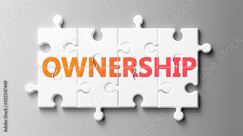 Ownership complex like a puzzle - pictured as word Ownership on a puzzle pieces to show that Ownership can be difficult and needs cooperating pieces that fit together, 3d illustration photo