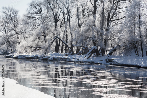 Winter landscape: the trees is covered with hoarfrost on the bank of the frozen river, Russia