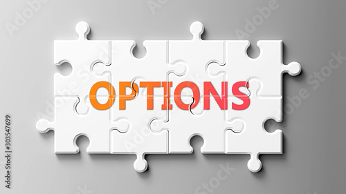 Options complex like a puzzle - pictured as word Options on a puzzle pieces to show that Options can be difficult and needs cooperating pieces that fit together, 3d illustration