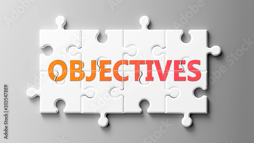 Objectives complex like a puzzle - pictured as word Objectives on a puzzle pieces to show that Objectives can be difficult and needs cooperating pieces that fit together, 3d illustration photo