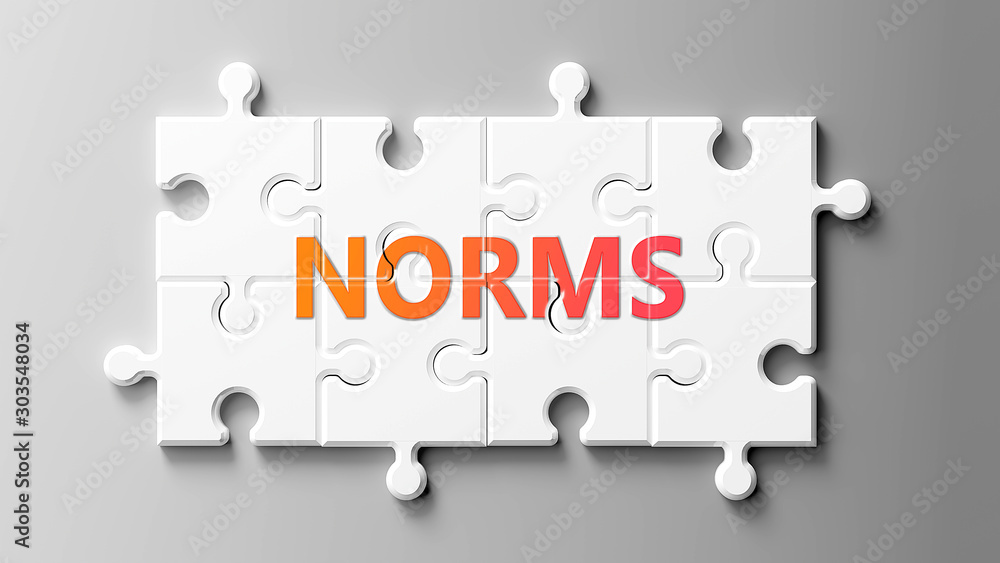 Norms complex like a puzzle - pictured as word Norms on a puzzle pieces to show that Norms can be difficult and needs cooperating pieces that fit together, 3d illustration - obrazy, fototapety, plakaty 
