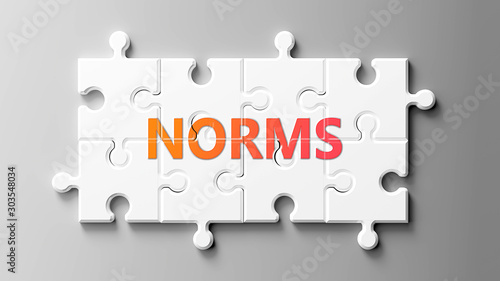 Norms complex like a puzzle - pictured as word Norms on a puzzle pieces to show that Norms can be difficult and needs cooperating pieces that fit together, 3d illustration photo