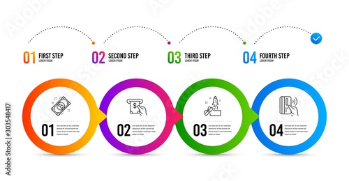 Atm service, Bitcoin and Innovation line icons set. Timeline infographic. Contactless payment sign. Cash investment, Cryptocurrency coin, Crowdfunding. Bank money. Finance set. Vector